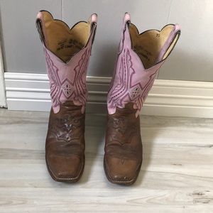 Brown and pink cowboy boots